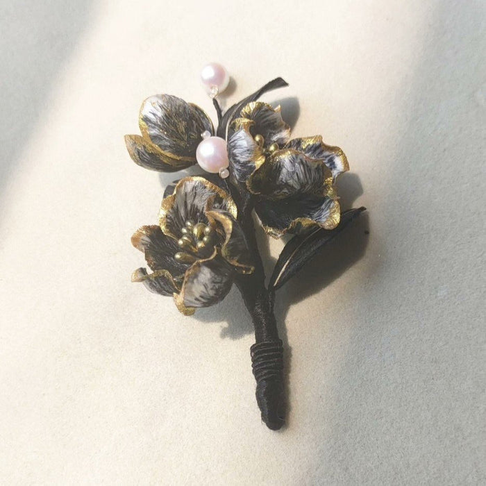 Handmade Black and Gold Ronghua Hairpin - Artisanal Silk Floral Hair Accessory