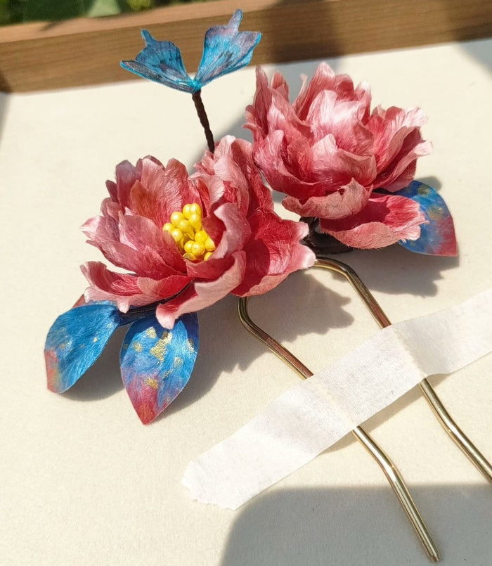 Handmade Double Peony Ronghua Hairpin - Artisanal Silk Floral Hair Accessory