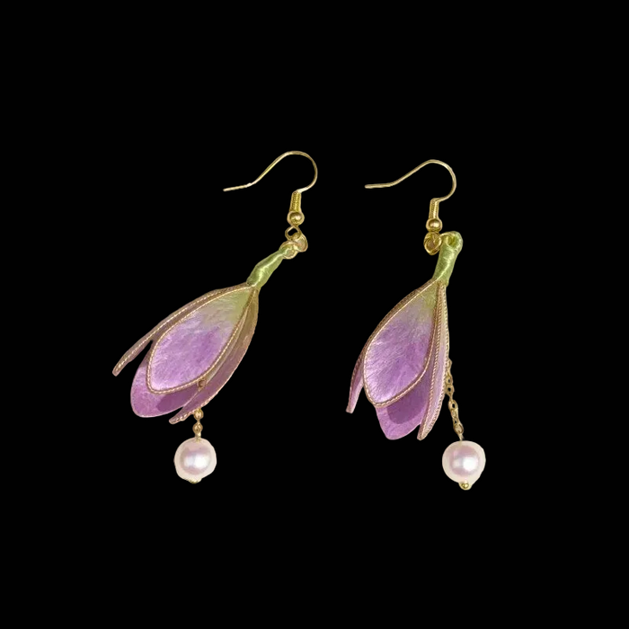 Handcrafted purple Magnolia Ronghua earrings with soft velvet-textured silk petals and delicate pearl drops.