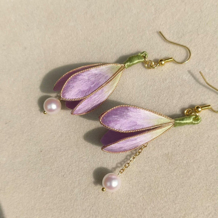 Handmade Magnolia Ronghua Earrings - Artisanal Silk Floral Dangle Earrings