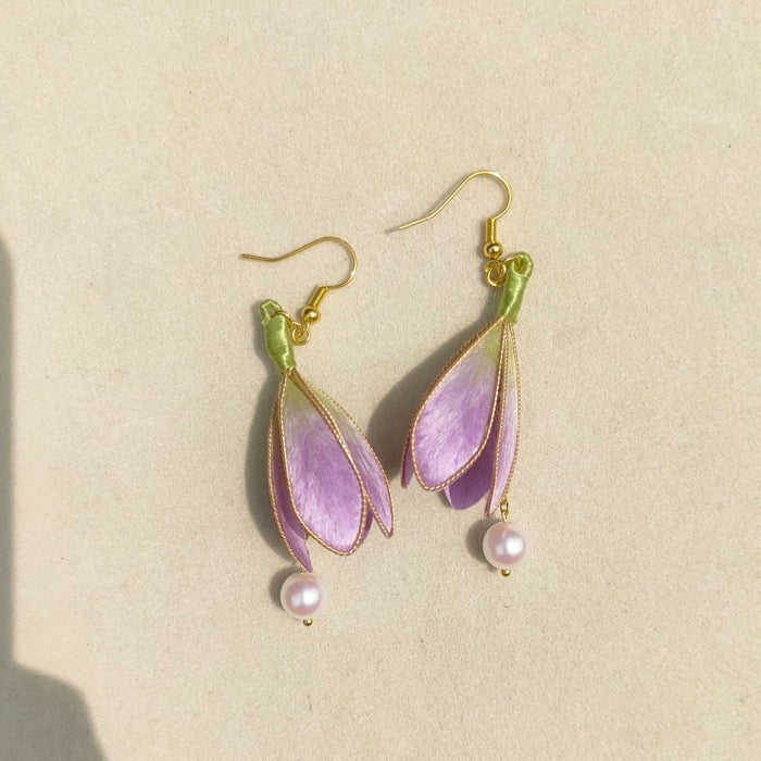 Handmade Magnolia Ronghua Earrings - Artisanal Silk Floral Dangle Earrings