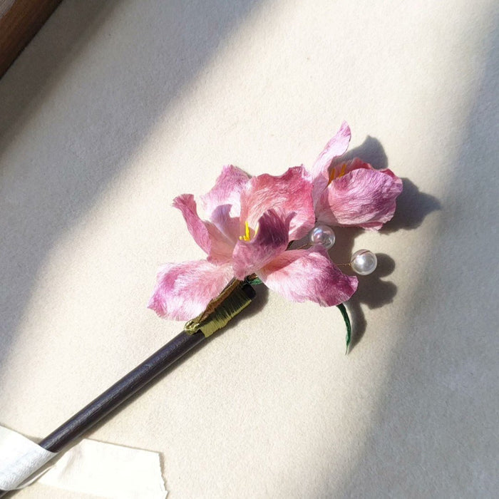 Handmade Pink Iris Ronghua Hairpin - Artisanal Silk Floral Hair Accessory