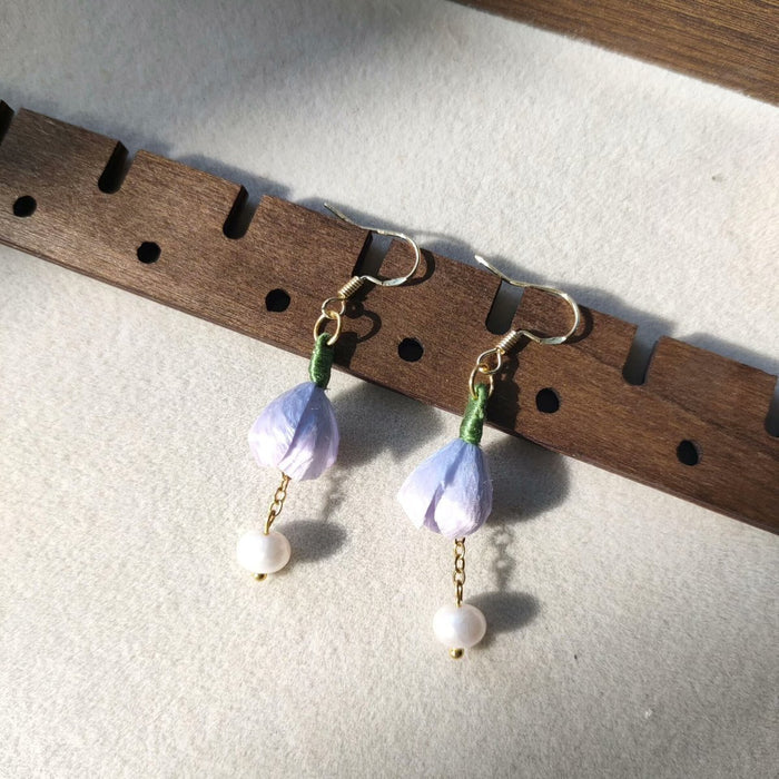 Handmade Purple Bud Ronghua Earrings - Artisanal Silk Floral Dangle Earrings