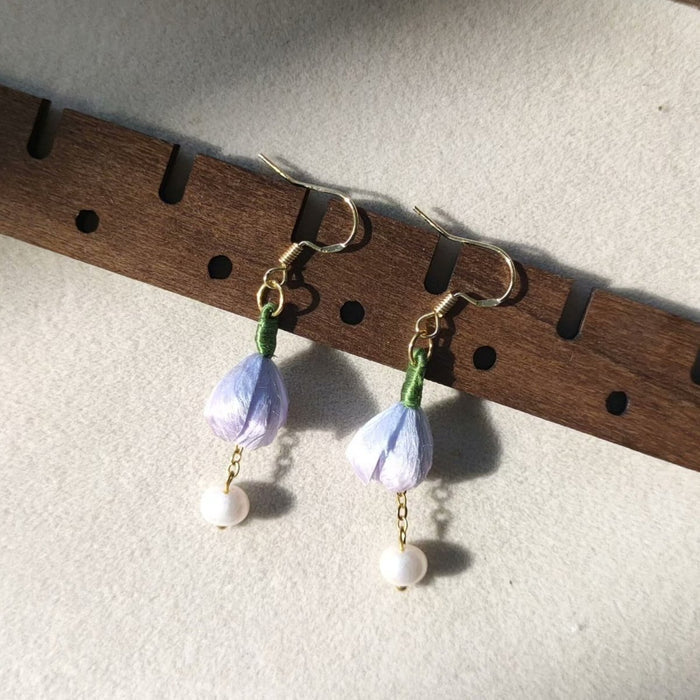 Handmade Purple Bud Ronghua Earrings - Artisanal Silk Floral Dangle Earrings