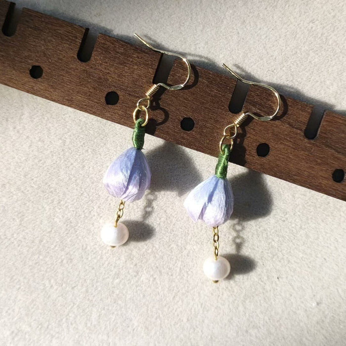 Handmade Purple Bud Ronghua Earrings - Artisanal Silk Floral Dangle Earrings