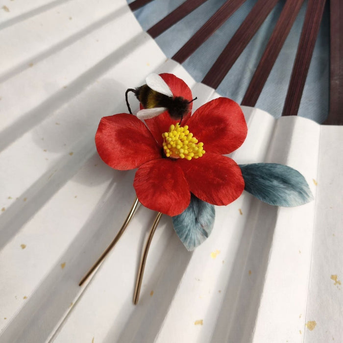 Handmade Red Camellia Ronghua Hairpin - Artisanal Silk Floral Headpiece