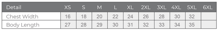 Table displaying chest width and body length measurements for various sizes.