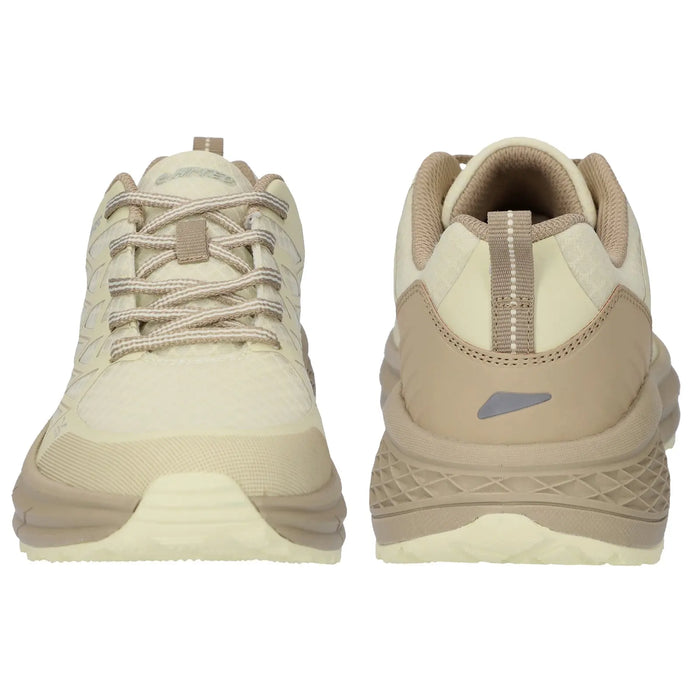 Light-colored athletic shoes are positioned side by side showcasing a breathable mesh design with laces and a cushioned sole suitable for walking or running in various environments.