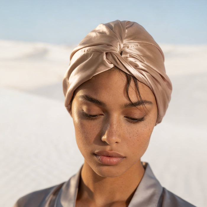 Woman wearing a Champagne Silk Hair Bonnet