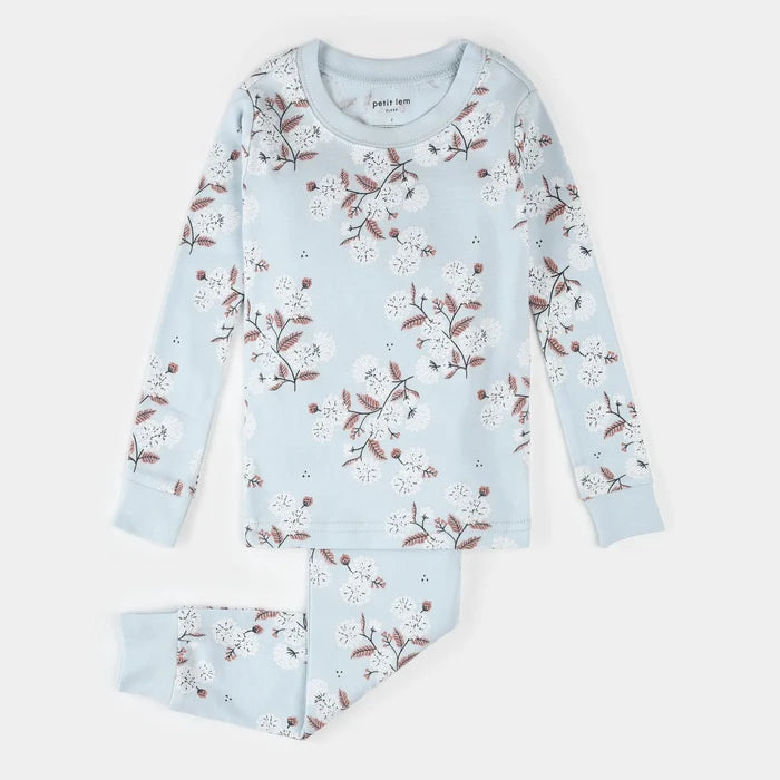 Petit Lem kids hydrangea print pajama set sky blue organic cotton