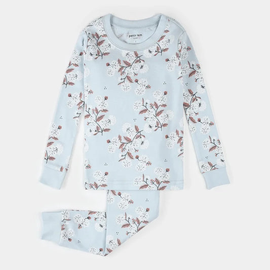 Petit Lem kids hydrangea print pajama set sky blue organic cotton