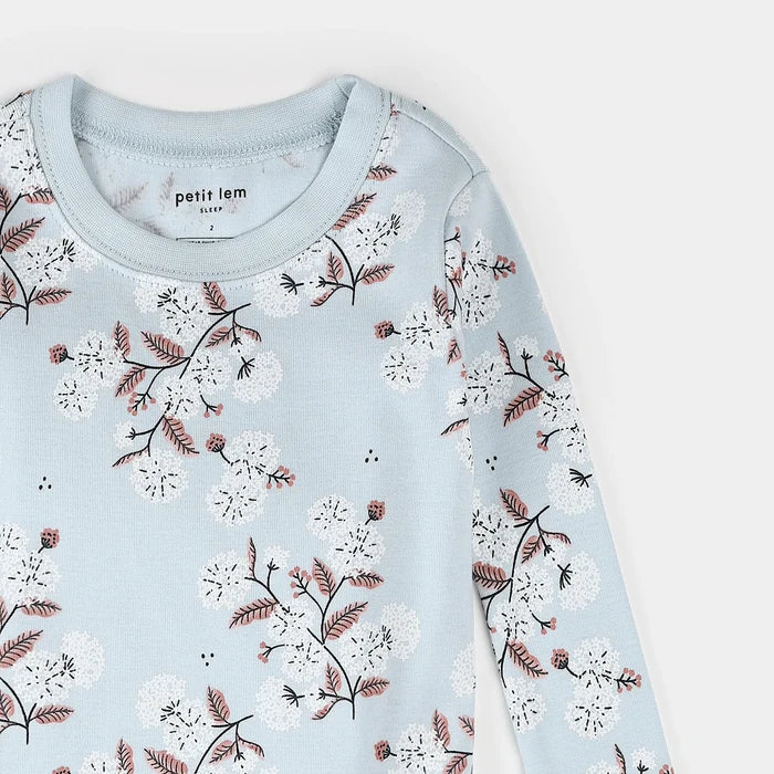 Close-up of hydrangea floral print on organic cotton kids pajamas