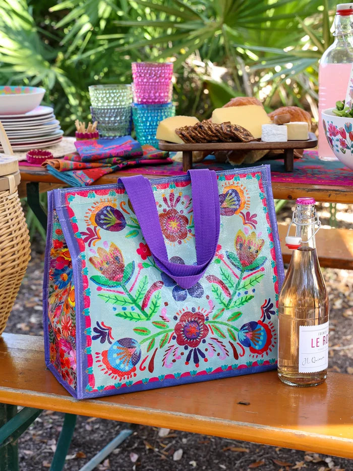 Insulated Cooler Tote - Dusty Blue Folk Flower-view 1