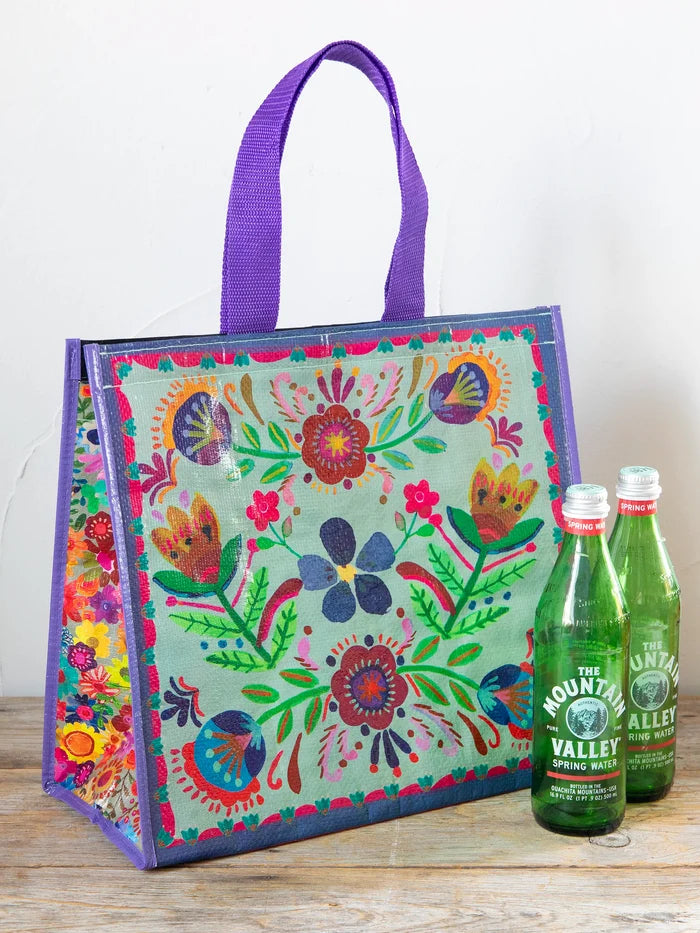 Insulated Cooler Tote - Dusty Blue Folk Flower-view 3