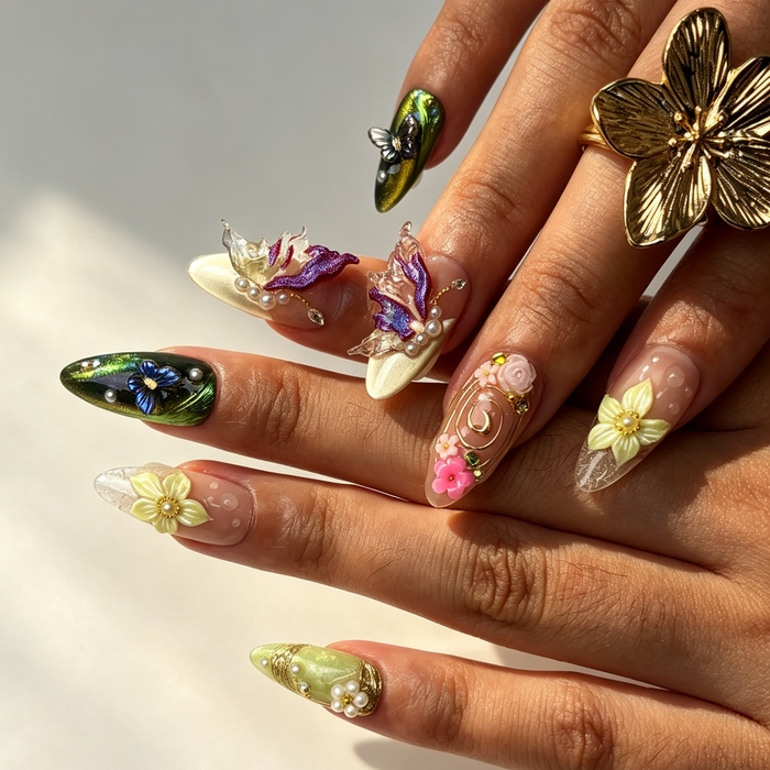 Iridescent butterfly gold swirl handmade press‑on nails on hand