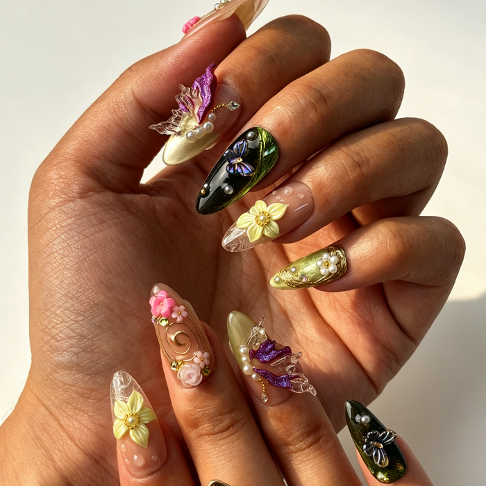 Whimsical 3D flower butterfly fake nails close‑up hand shot