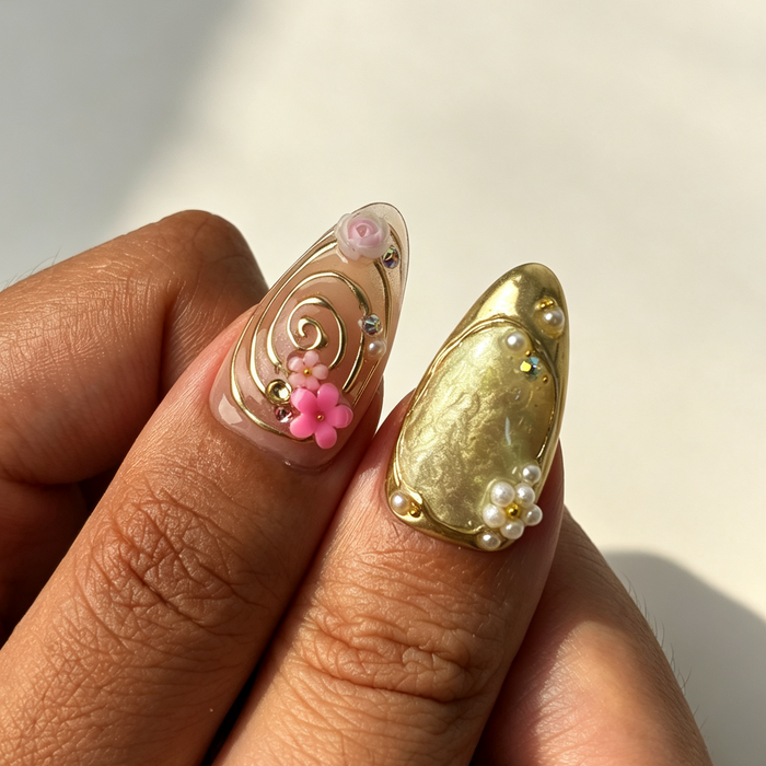 Almond press on nails, gold foil, pink 3D flowers, pearl rhinestone handmade fake nails