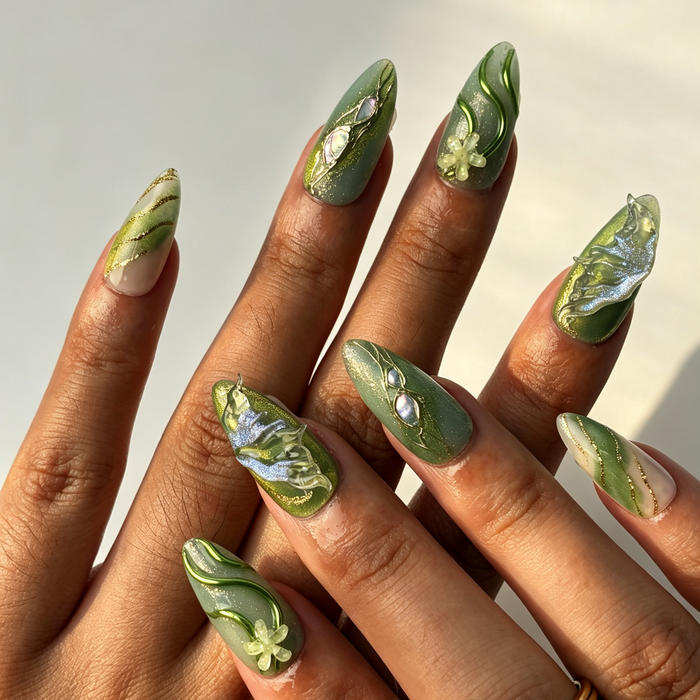 Oriental style green gold vein reusable false nails, medium almond shape
