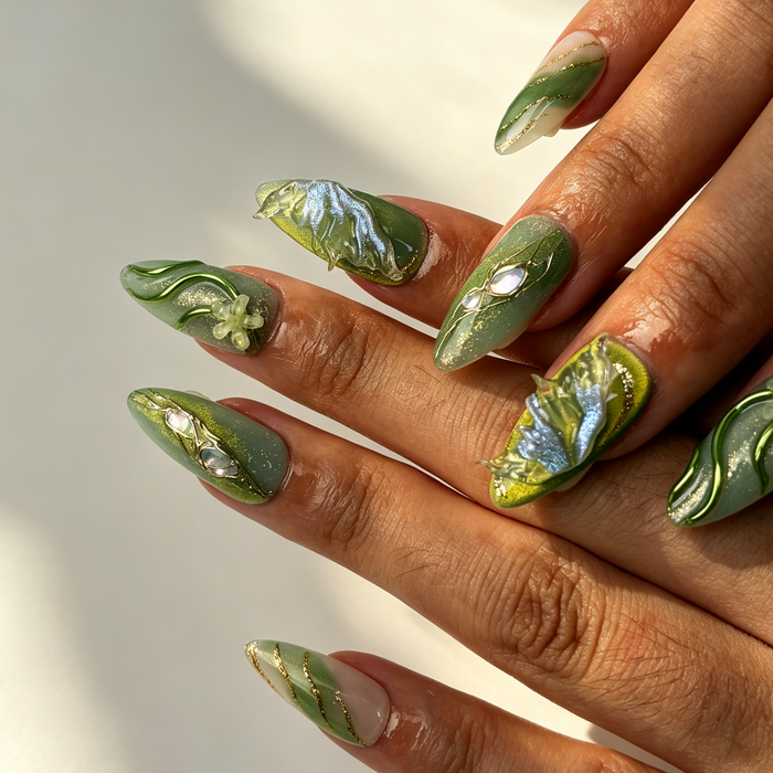 Close‑up handmade press on nails, 3D butterfly floral abalone shell manicure