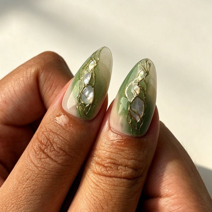 Glossy salon grade mint green cat eye press‑on nails wear effect