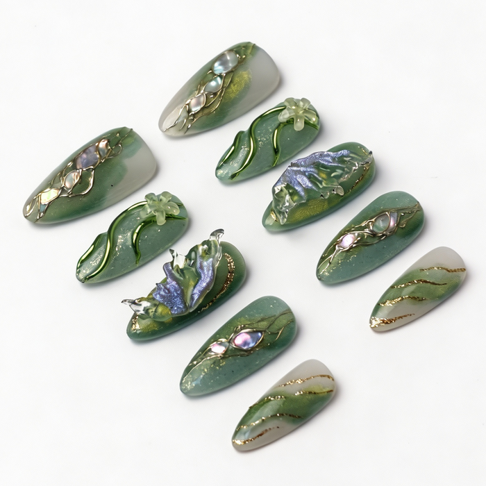 Full set Jade Vein press‑on nails, medium almond false nails display