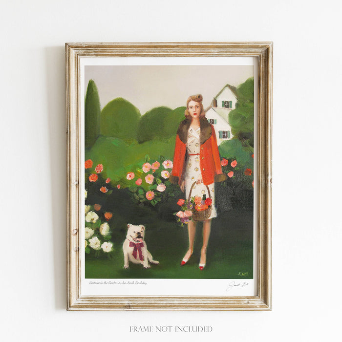 Framed artwork of a woman in a garden with a dog, on a white background.