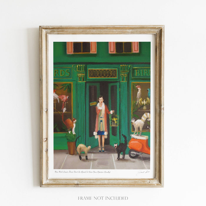 Framed artwork of a woman with animals in front of a green store