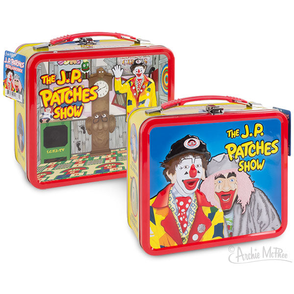 The J.P. Patches Lunchbox showcases vibrant metal lunchboxes adorned with vintage-style artwork of cartoon clowns from The J.P. Patches Show, making them an ideal addition to any Seattle television memorabilia collection.