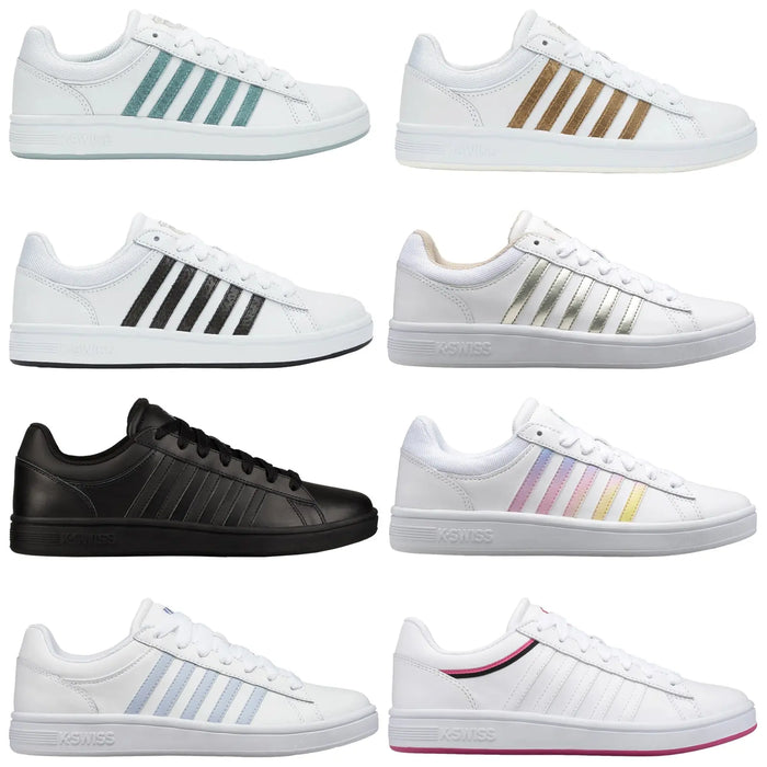 Nine pairs of K-Swiss sneakers are displayed in three rows. Each pair features a different color scheme and stripe design, showcasing variety in style and design under neutral lighting.