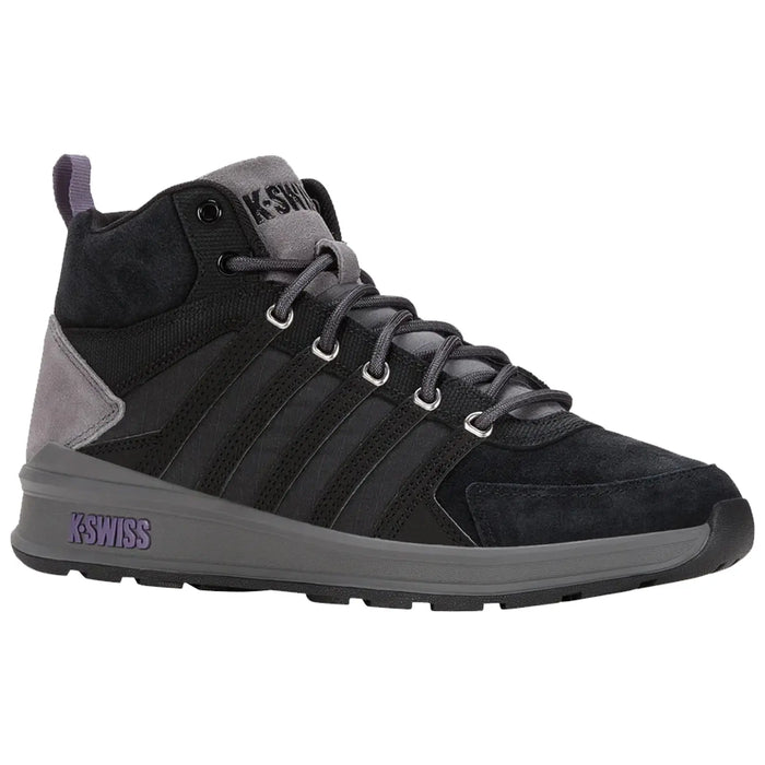 A black and gray athletic shoe with a high-top design is positioned upright showcasing laces and textured panels ideal for casual wear or light outdoor activities.