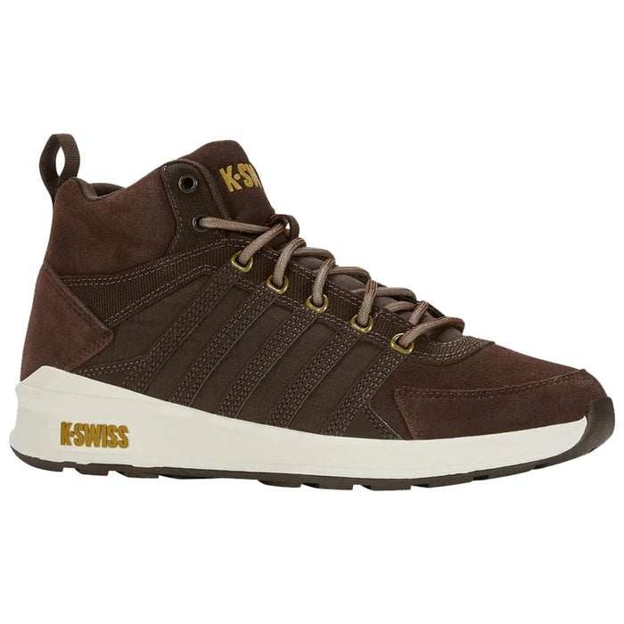 A brown athletic shoe with a high-top design features multiple fabric panels laced up the front and a white sole with the brand name K-Swiss visible on the side.