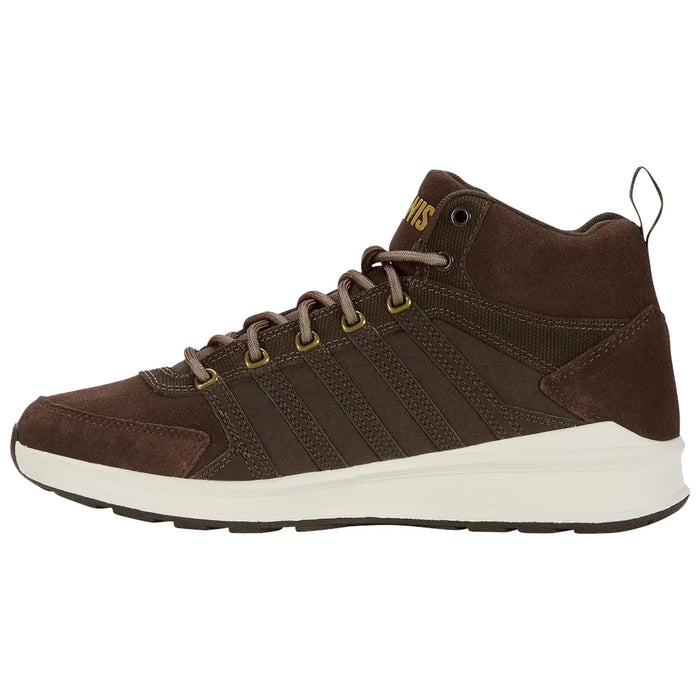A brown athletic shoe with a high-top design features textured suede and fabric materials laced through circular eyelets showcasing a sleek white sole suitable for casual or active wear.