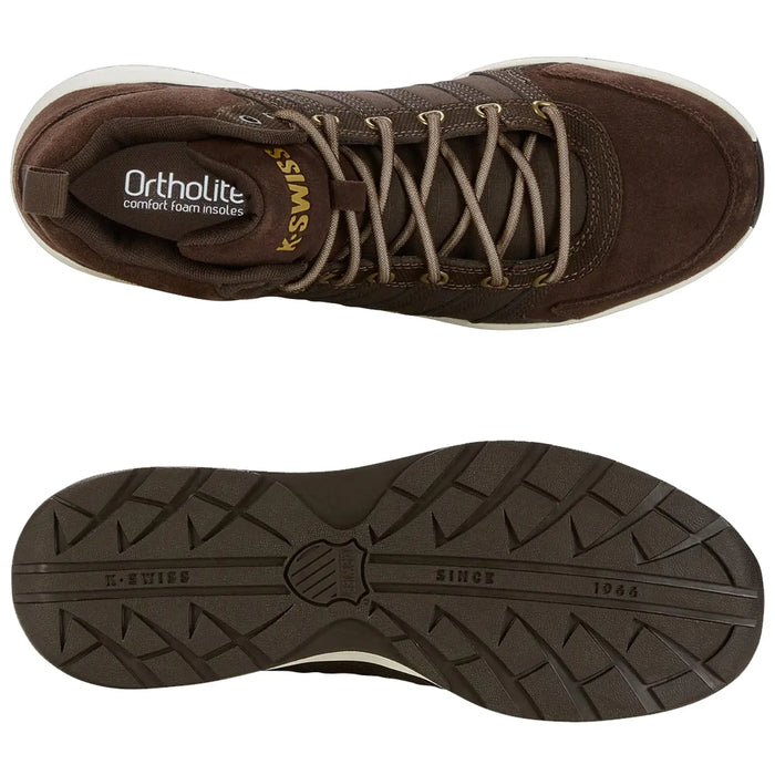 A brown athletic shoe is displayed from above and below showcasing its lacing system and textured sole while featuring Ortholite foam insoles and branding for K-Swiss since 1966.