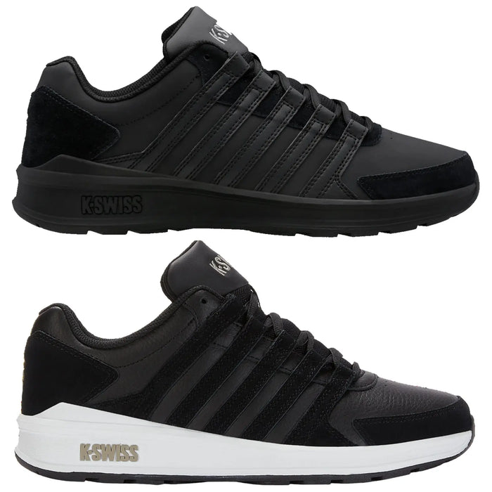 Various styles of K-Swiss sneakers are displayed in rows. Each shoe features unique colors and designs. The setting is a simple white background focusing solely on the footwear.