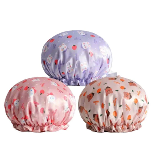 Kids satin double layer waterproof shower cap protecting hair during bath