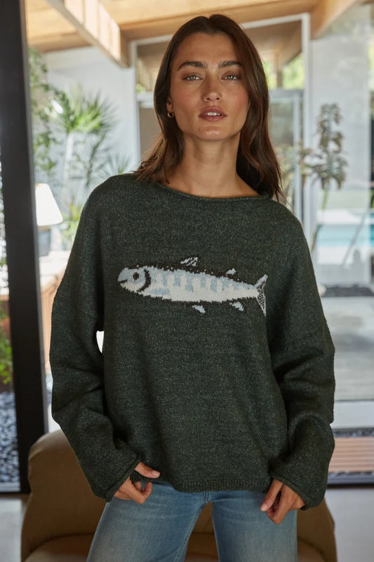 Knit Sweater Graphic Fish Animal Print Pullover