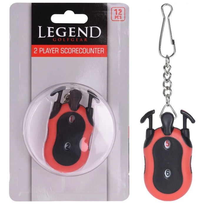 A red and black two-player score counter is displayed in a plastic casing with a hook for attachment and buttons labeled 1 to 6 for tracking scores. The packaging is branded "Legend Golfgear."