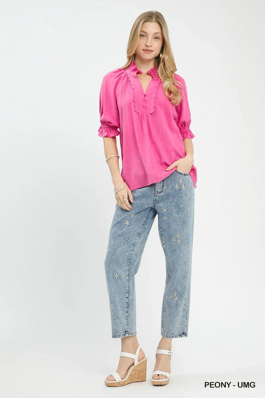 Linen Scalloped Ruffle Neck Blouse