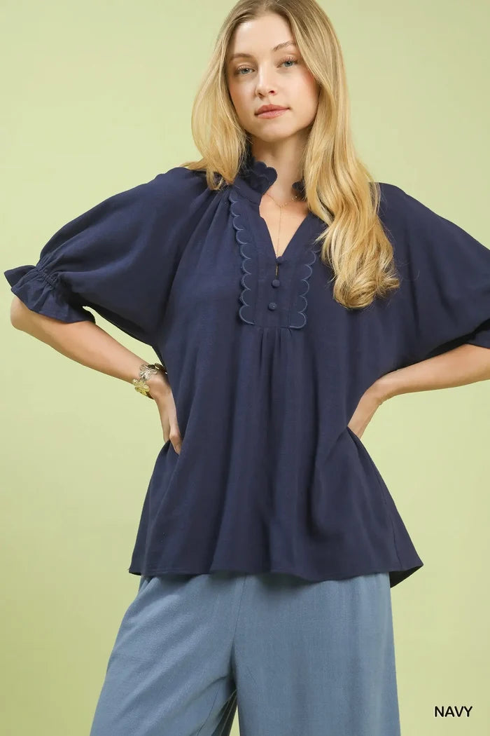 Linen Scalloped Ruffle Neck Blouse