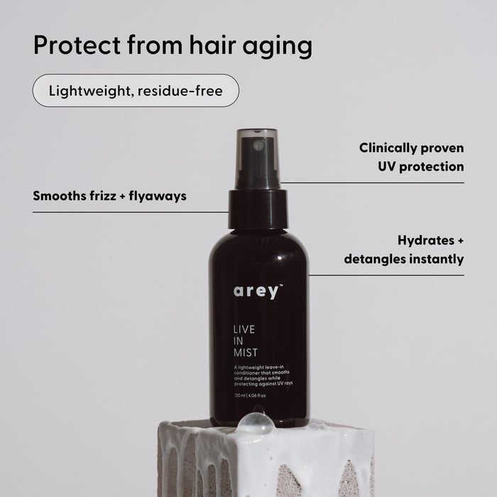 An Arey Live In Mist Leave-In Conditioner—packaged in a black spray bottle—stands atop a white textured block. Text spotlights its benefits: this lightweight formula helps protect against hair aging, smooths frizz, hydrates, leaves no residue, provides UV protection with nourishing Raspberry Seed Oil, and works as an effective leave-in conditioner.