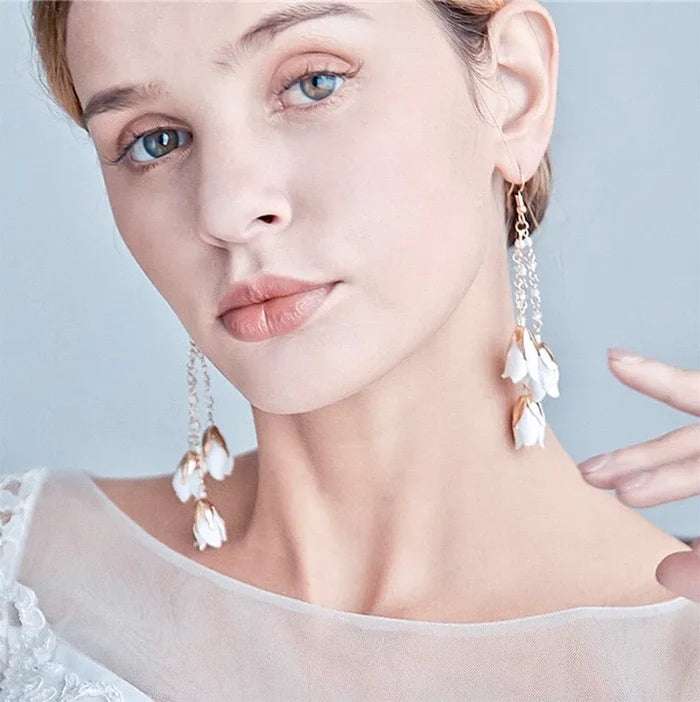 Wedding Pearl Jewelry - Bohemian Ceramic Flowers Bridal Earrings
