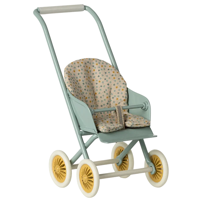 A toy stroller in mint color with a checkered pattern on the seat, suitable for bunny or rabbit size micro.