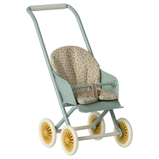 A toy stroller in mint color with a checkered pattern on the seat, suitable for bunny or rabbit size micro.