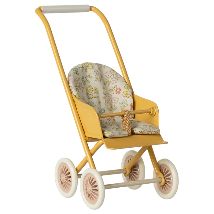 A yellow stroller designed for bunny or rabbit size micro with a floral patterned seat and white wheels.
