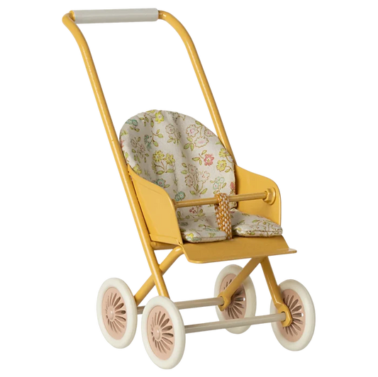 A yellow stroller designed for bunny or rabbit size micro with a floral patterned seat and white wheels.