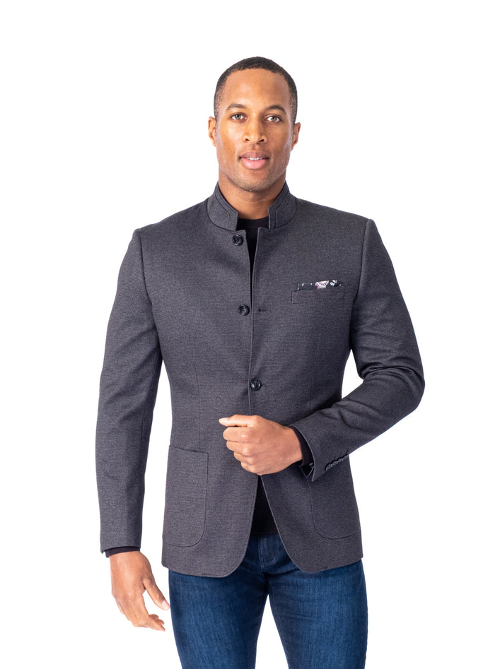 Mandarin Collar Textured Blazer - Grey