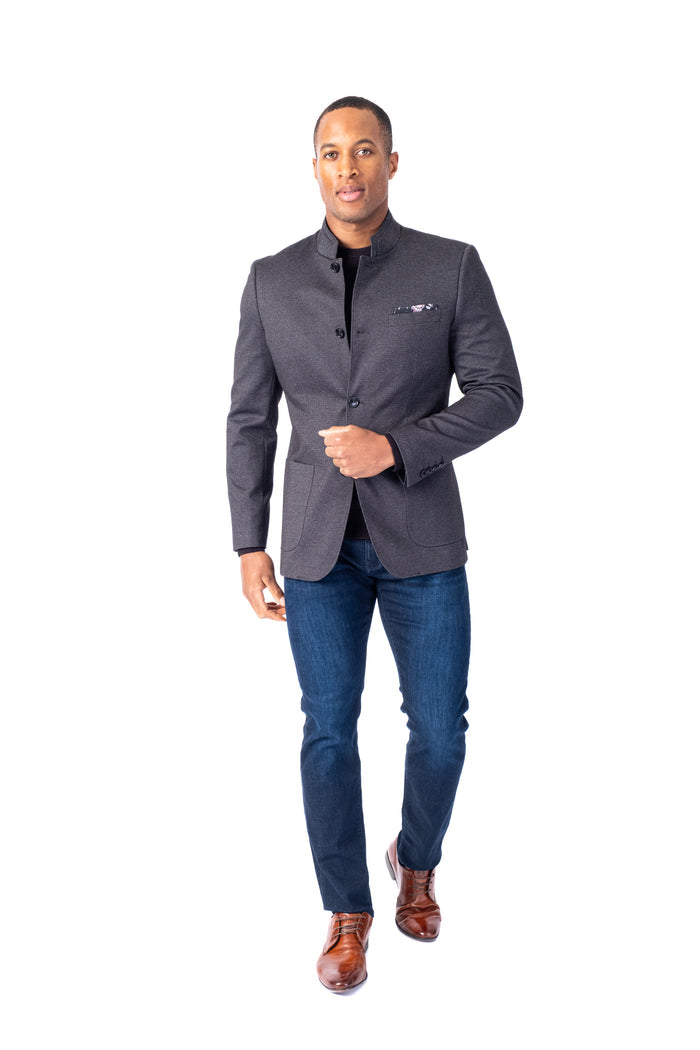 Mandarin Collar Textured Blazer - Grey