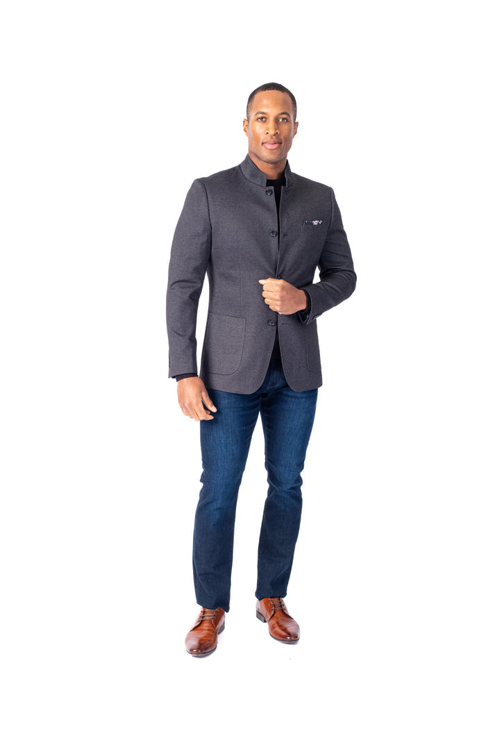 Mandarin Collar Textured Blazer - Grey