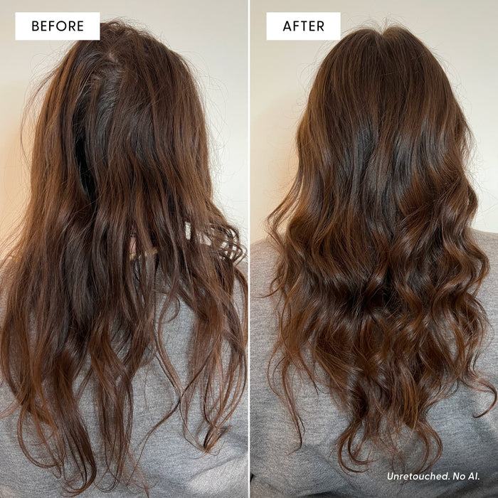 Side-by-side view of long brown hair: the left shows frizzy, tangled hair with visible breakage, labeled Before; the right shows smooth, styled waves enhanced by Arey Mend Heat Protectant Leave-In with vegan collagen, labeled After. Both are photographed from the back.