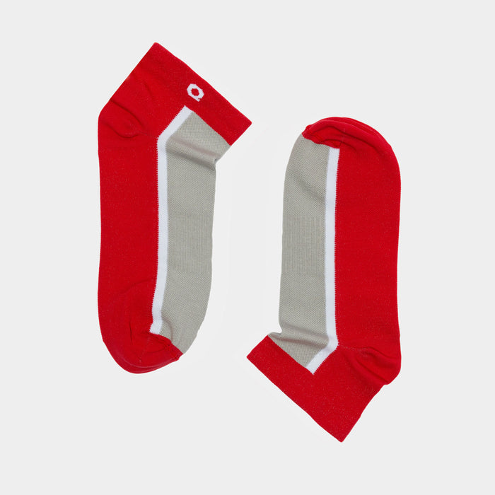 A pair of short red socks with a wide gray stripe down the center and a thin white stripe along the edge, displayed flat on a plain white background.